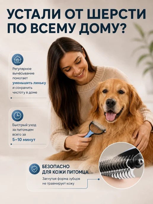 Колтунорез расческа для вычесывания шерсти у собак и кошек, синий, фото 2