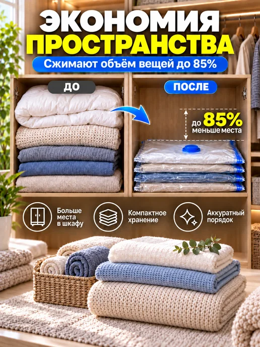 Пакеты вакуумные для хранения вещей 5 шт 50х70 см с клапаном, 60x80 см, 5 шт, фото 2