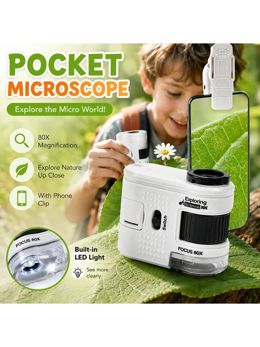 Карманный микроскоп 80x с подсветкой, черный