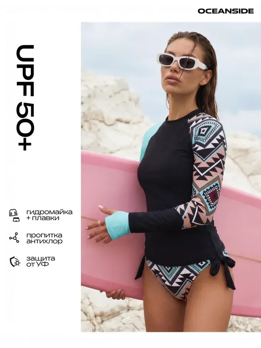 Гидромайка с длинным рукавом Футболка и плавки UPF 50+, голубой, фото 4