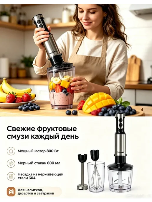 Погружной блендер 800Вт с измельчителем 500мл, 800 Вт, 500 мл, фото 4