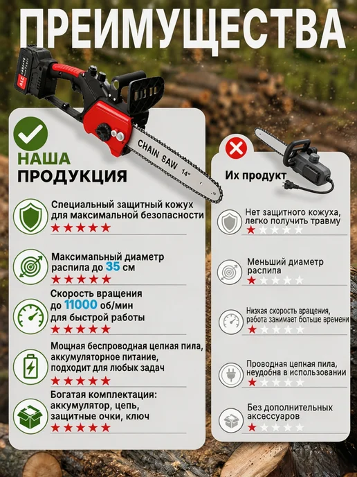 Беспроводная цепная пила с бесщёточным двигателем, 14 дюймов, красный, фото 7