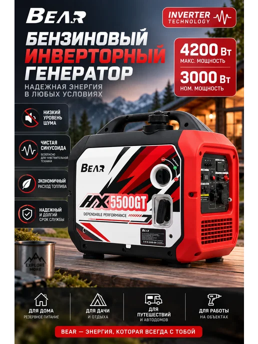 Инверторный генератор 4,2 кВт 220 В тихий бензиновый, красный, фото 2