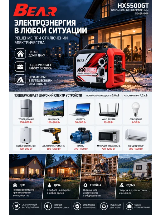 Инверторный генератор 4,2 кВт 220 В тихий бензиновый, красный, фото 5