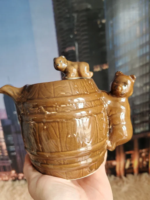 Бочонок Штоф Кувшин МЕДВЕДИ керамика СССР, желтый, фото 2