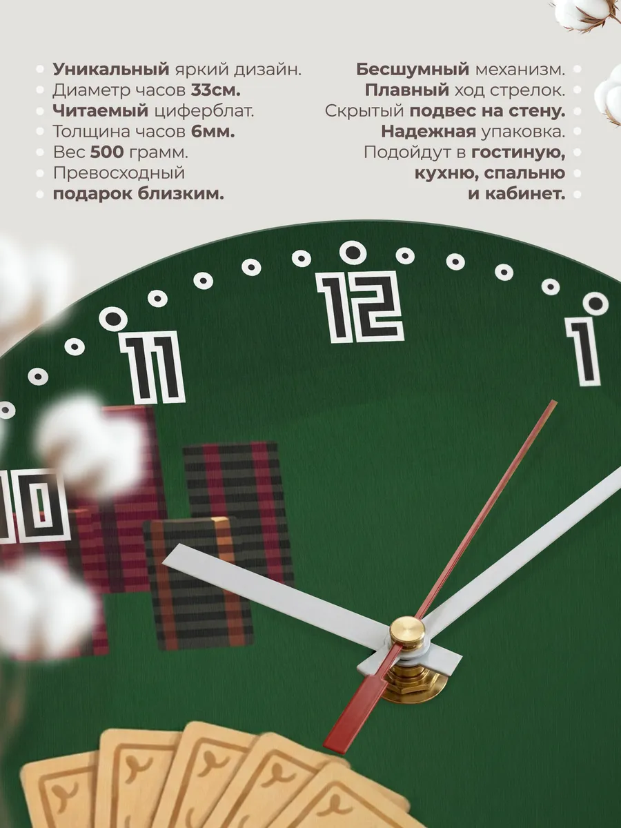 Часы настенные бесшумные Покер карты фишки 33 см — фото 11
