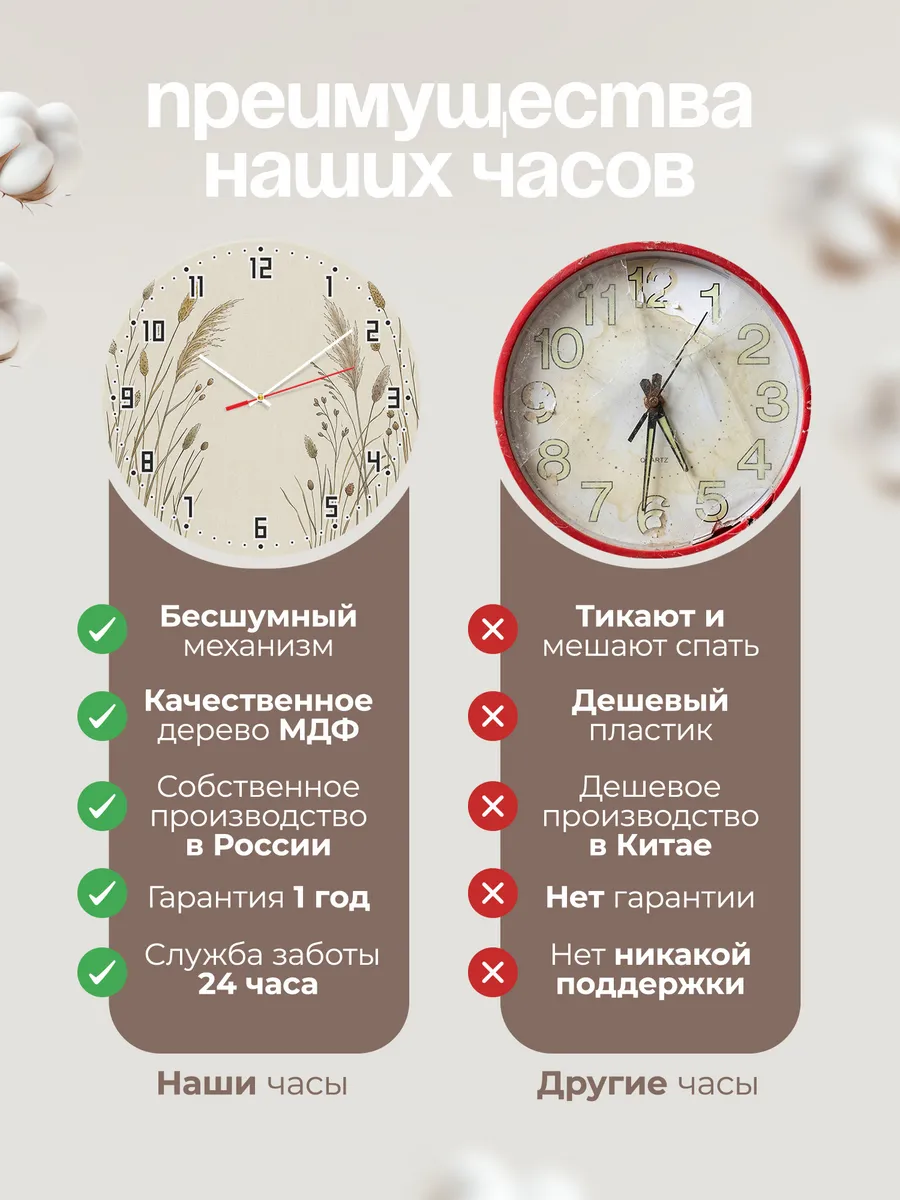 Часы настенные бесшумные Полевые травы сухоцвет 33 см — фото 10