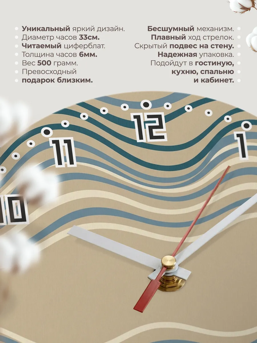 Часы настенные бесшумные Волны синие графика 33 см — фото 11