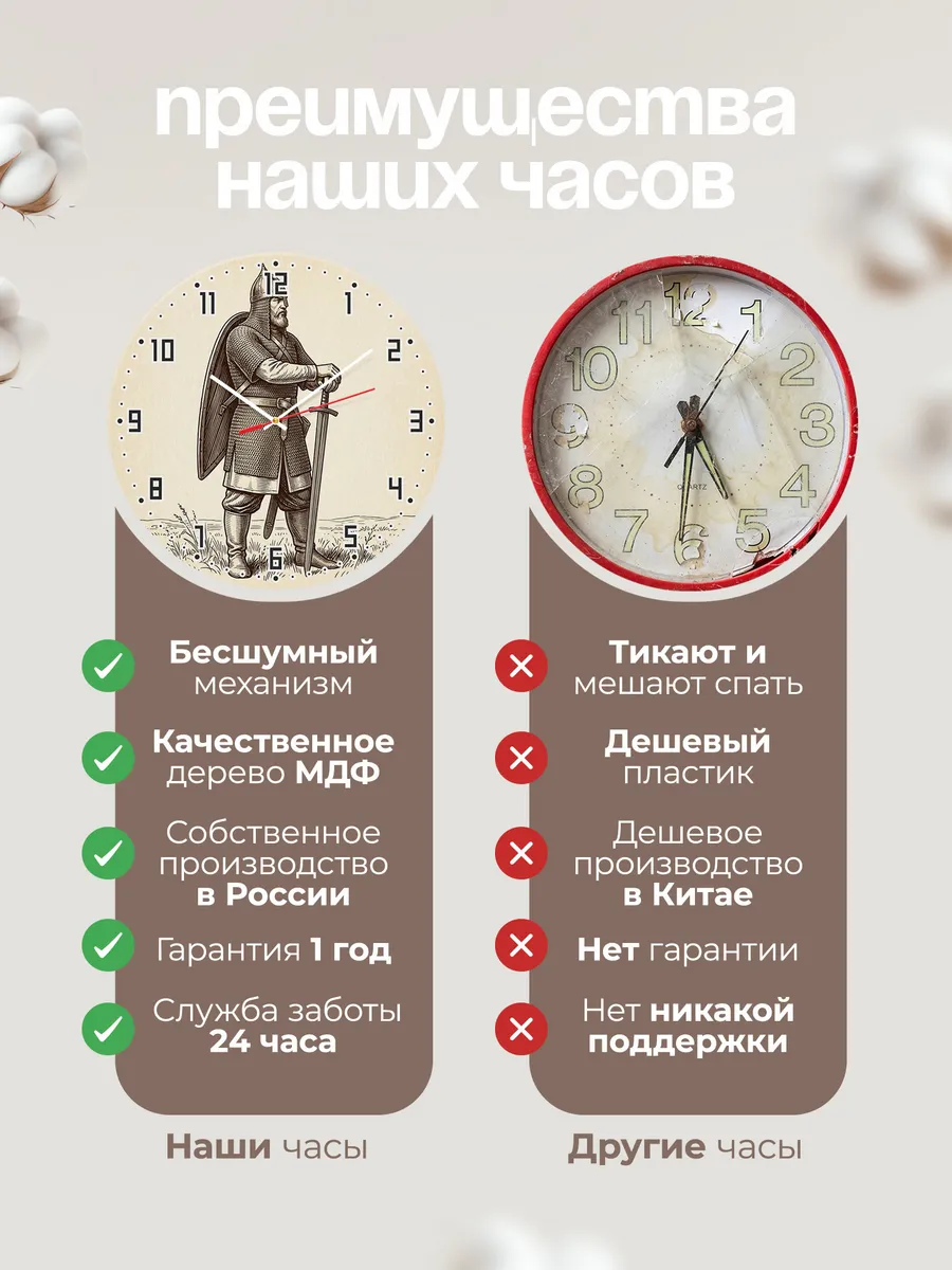 Часы настенные бесшумные Русский богатырь витязь 33 см — фото 10
