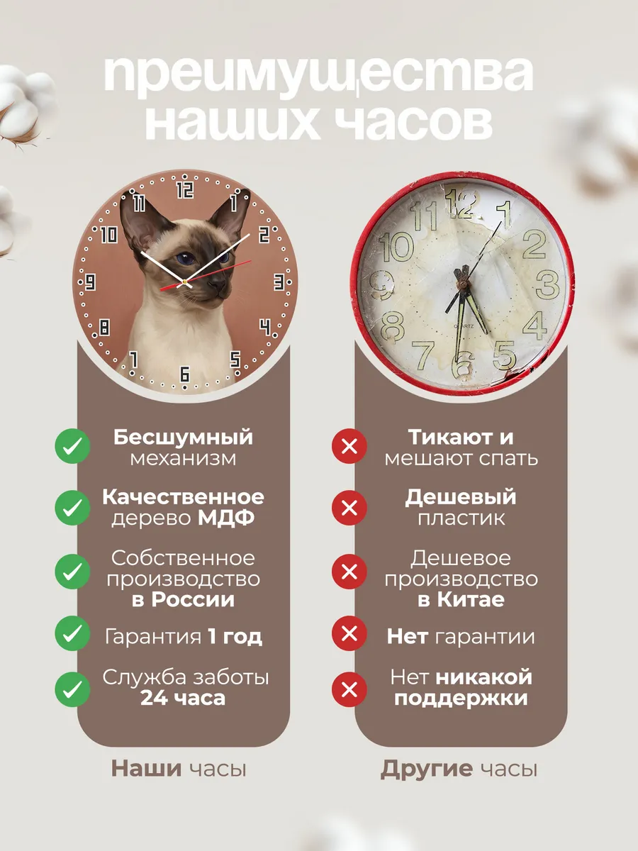 Часы настенные бесшумные Сиамская кошка кот 33 см — фото 10