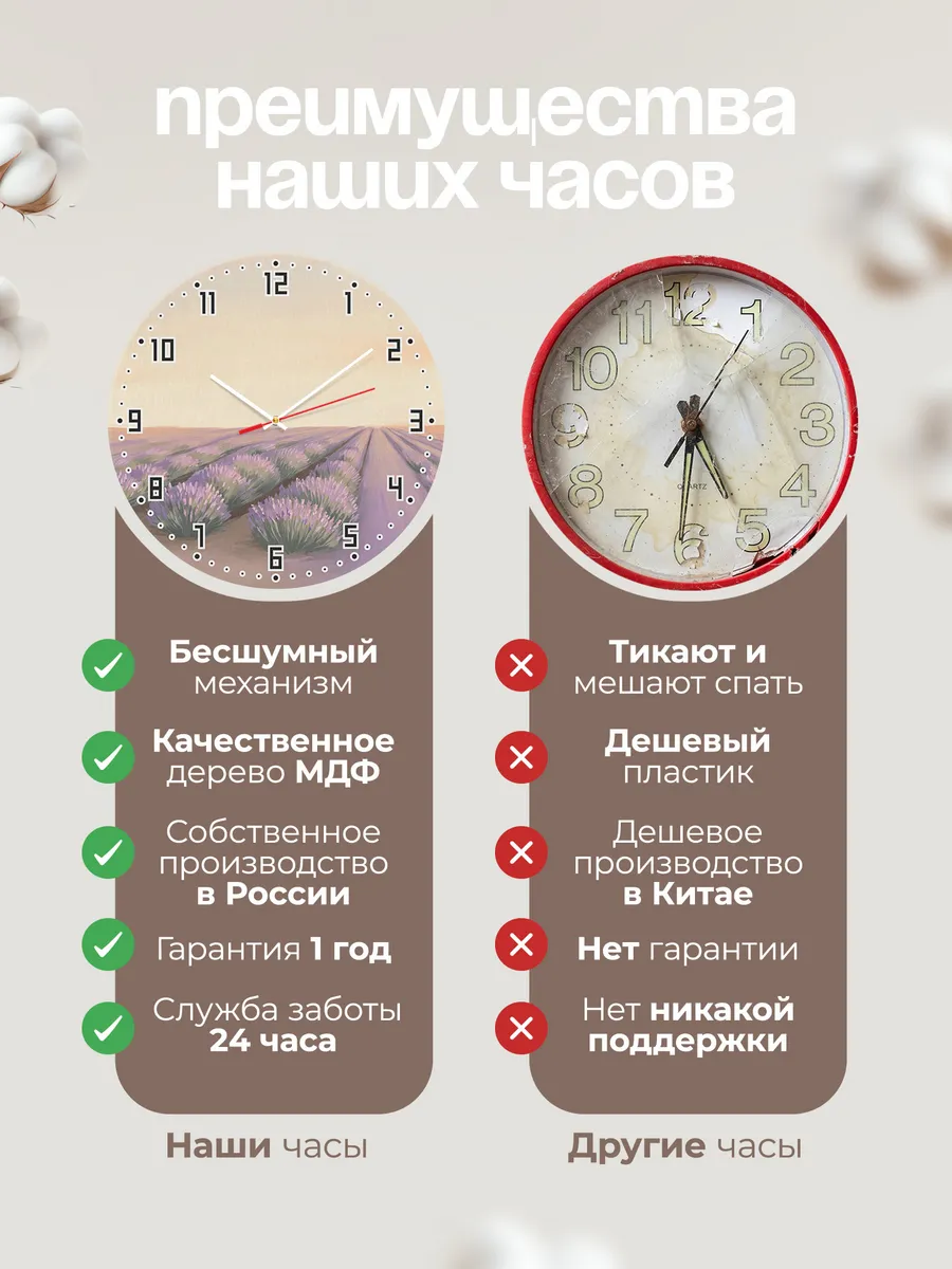 Часы настенные бесшумные Лавандовое поле Прованс 33 см — фото 10