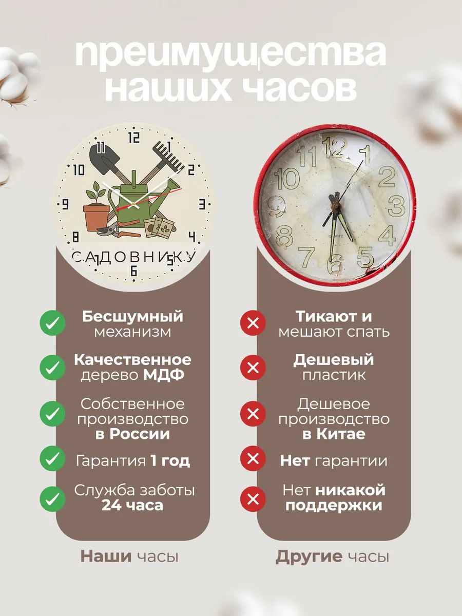 Часы настенные бесшумные Садовнику сад инвентарь 33 см — фото 10