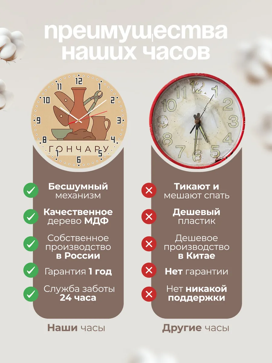 Часы настенные бесшумные Гончару керамика глина 33 см — фото 10