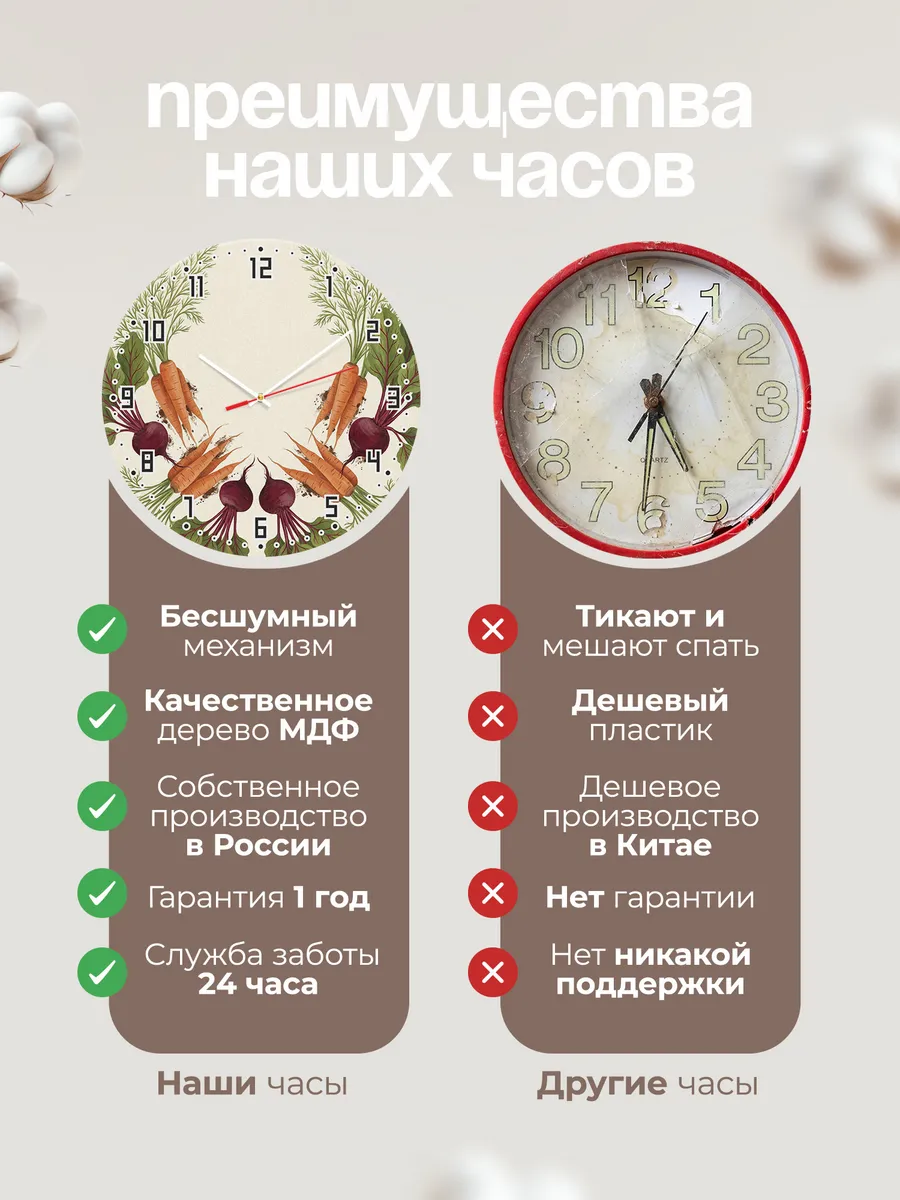 Часы настенные бесшумные Морковь и свёкла овощи 33 см — фото 10