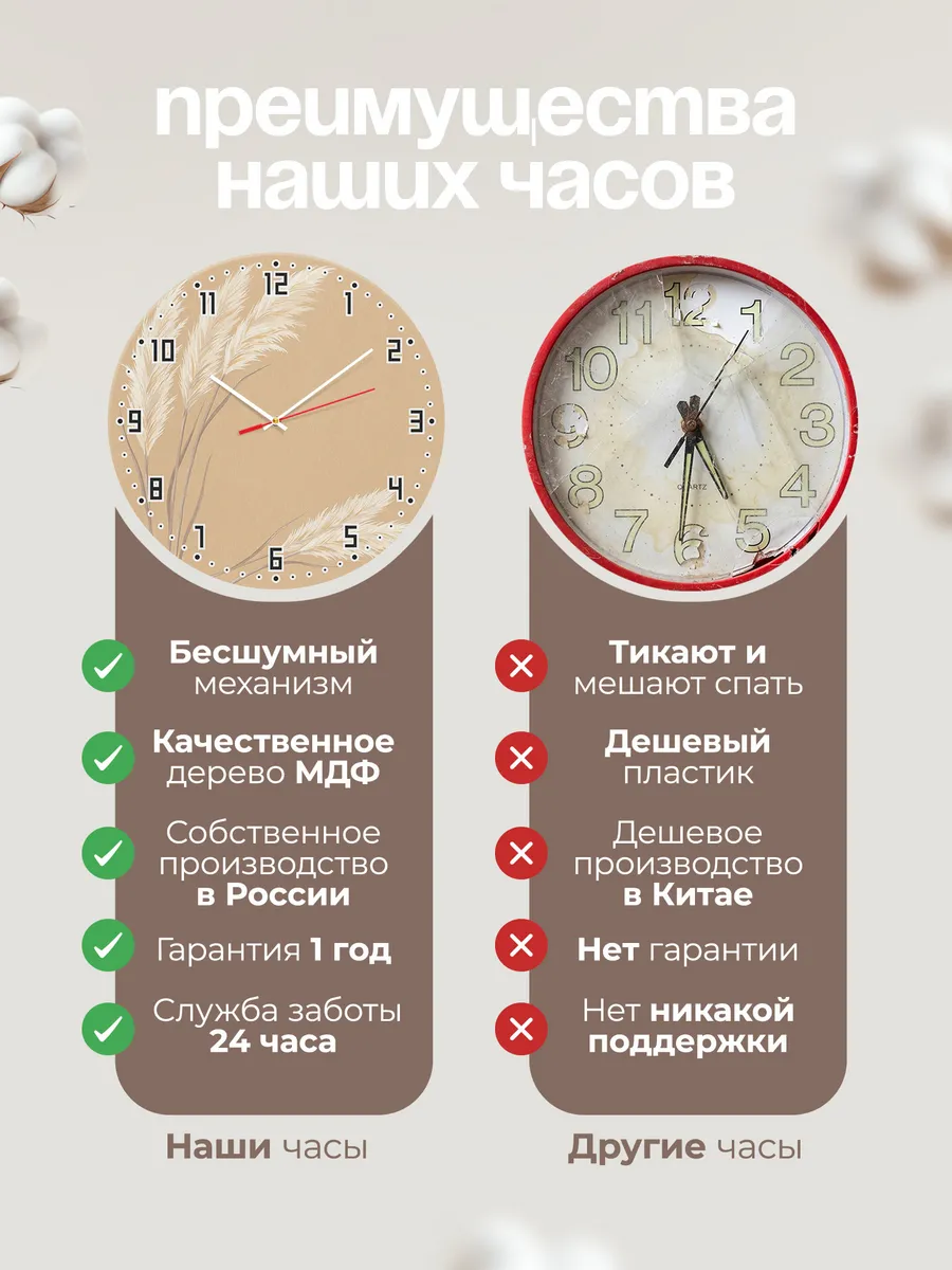Часы настенные бесшумные Пампасная трава бохо 33 см — фото 10