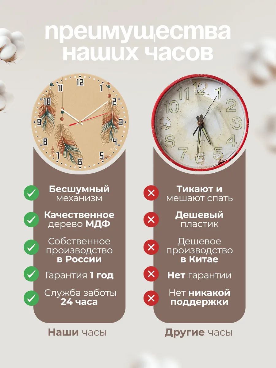 Часы настенные бесшумные Бохо перья бусины декор 33 см — фото 10