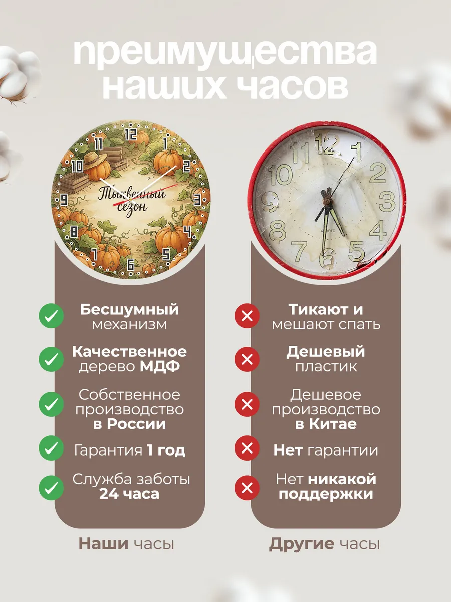 Часы настенные бесшумные Тыквенный сезон урожай 33 см — фото 10