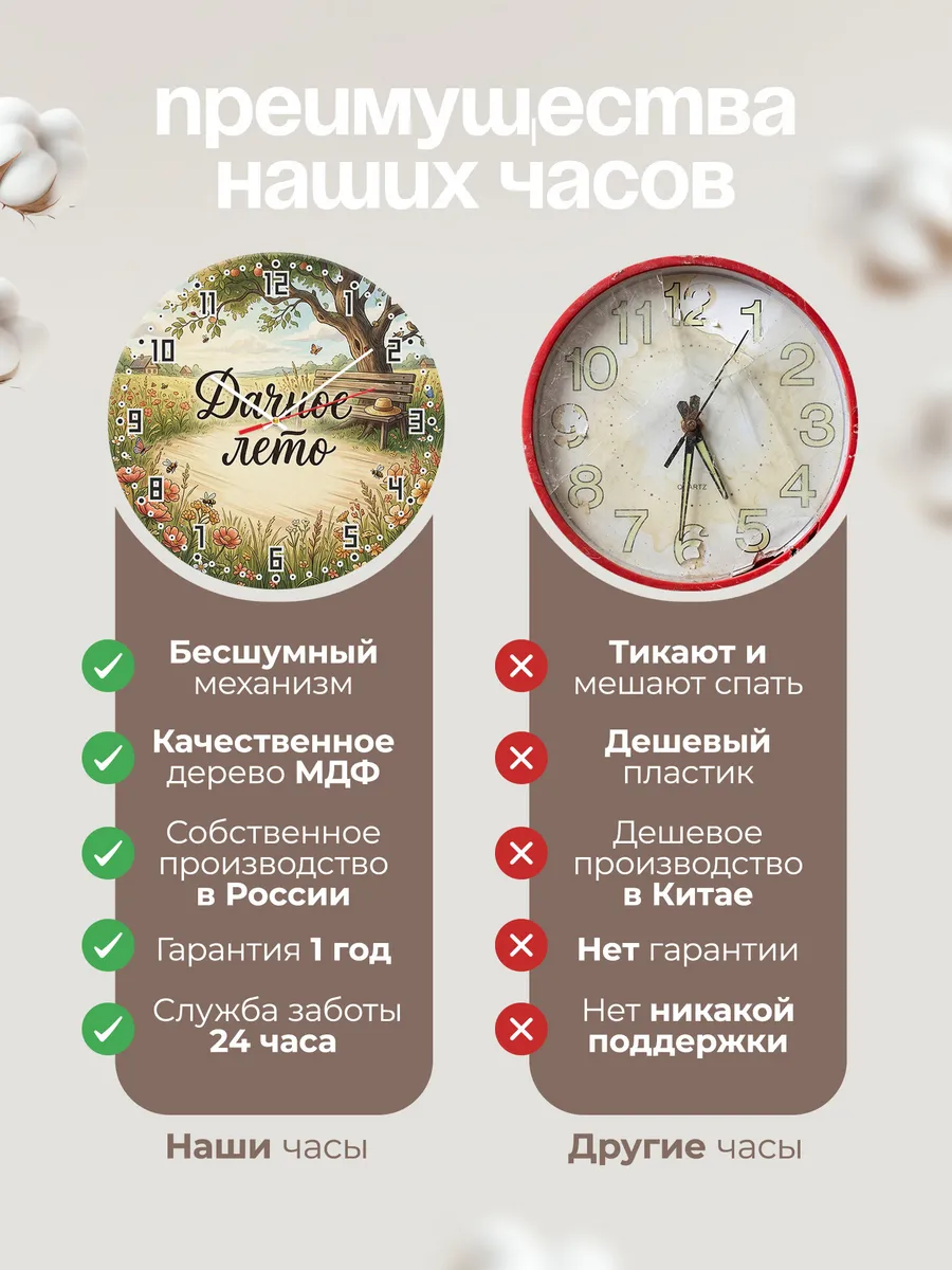 Часы настенные бесшумные Дачное лето луг 33 см — фото 10