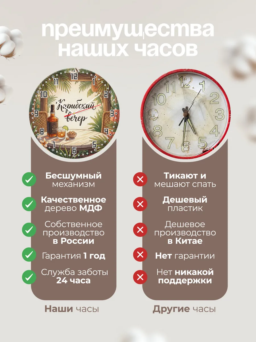 Часы настенные бесшумные Карибский вечер ром 33 см — фото 10