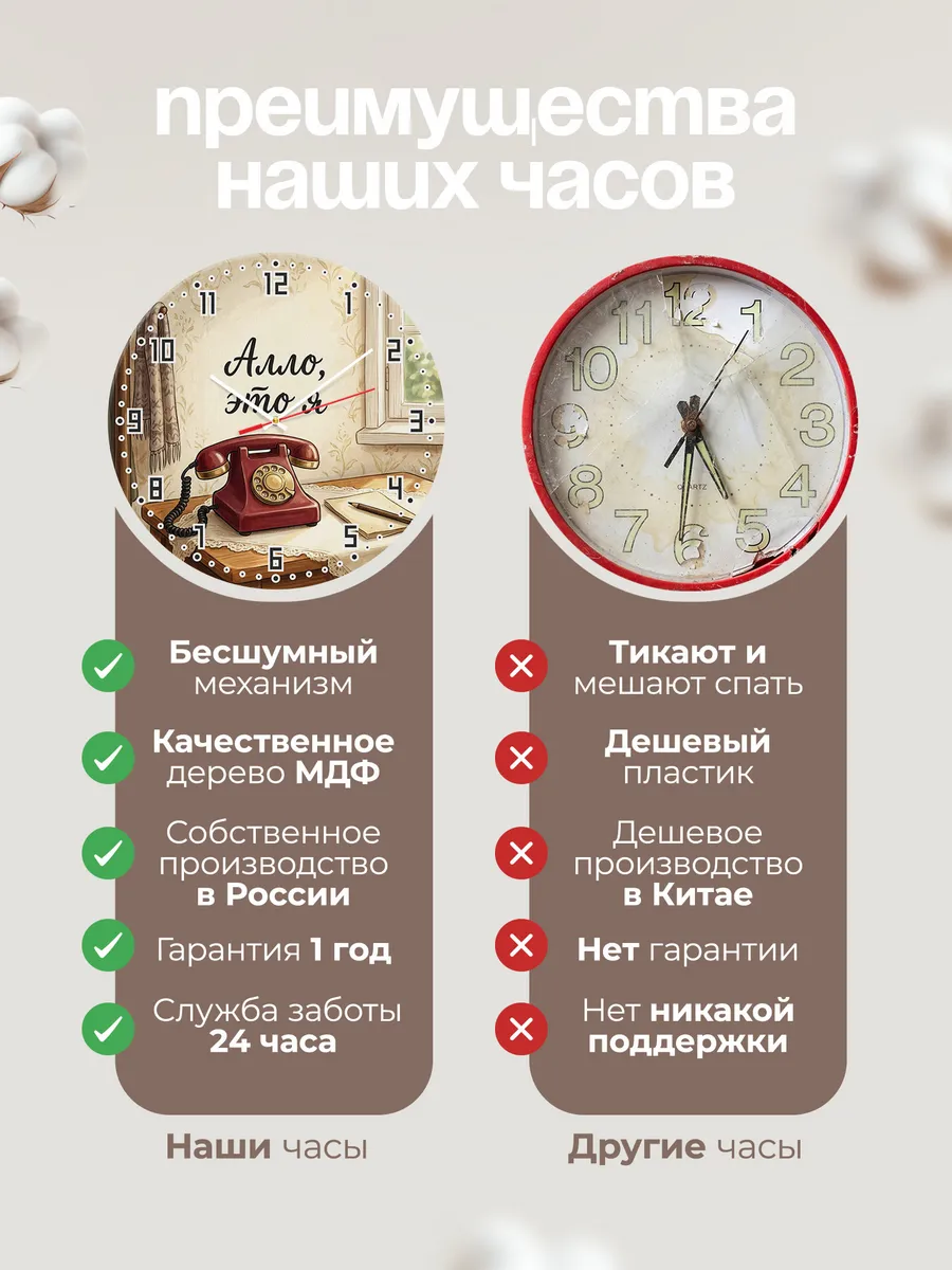 Часы настенные бесшумные Алло телефон ретро 33 см — фото 10