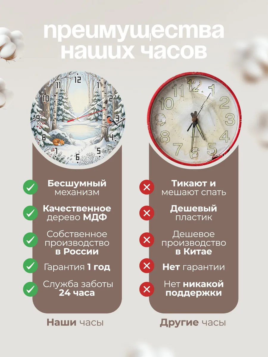 Часы настенные бесшумные Зимний лес снег декор 33 см — фото 10