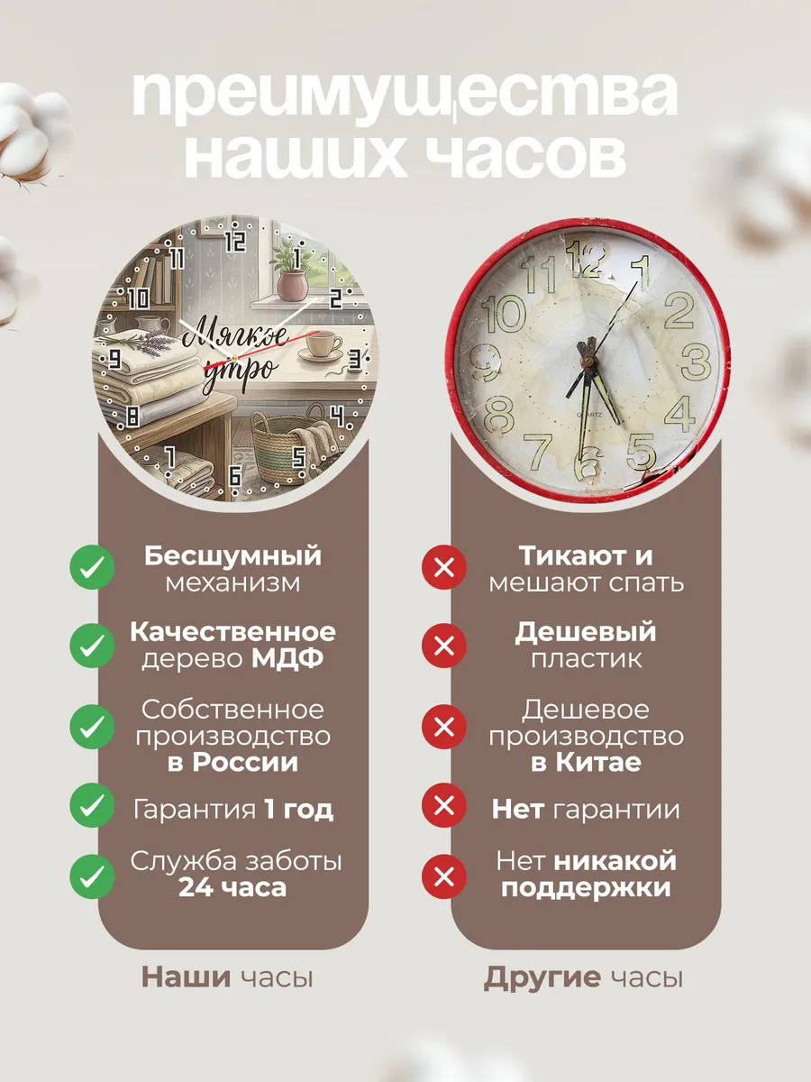 Часы настенные бесшумные Мягкое утро бельё 33 см — фото 10