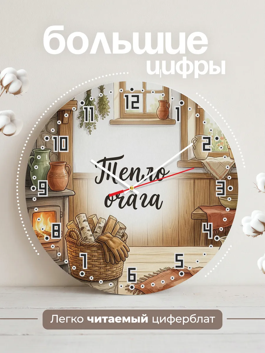 Часы настенные бесшумные Тепло очага дрова 33 см — фото 2