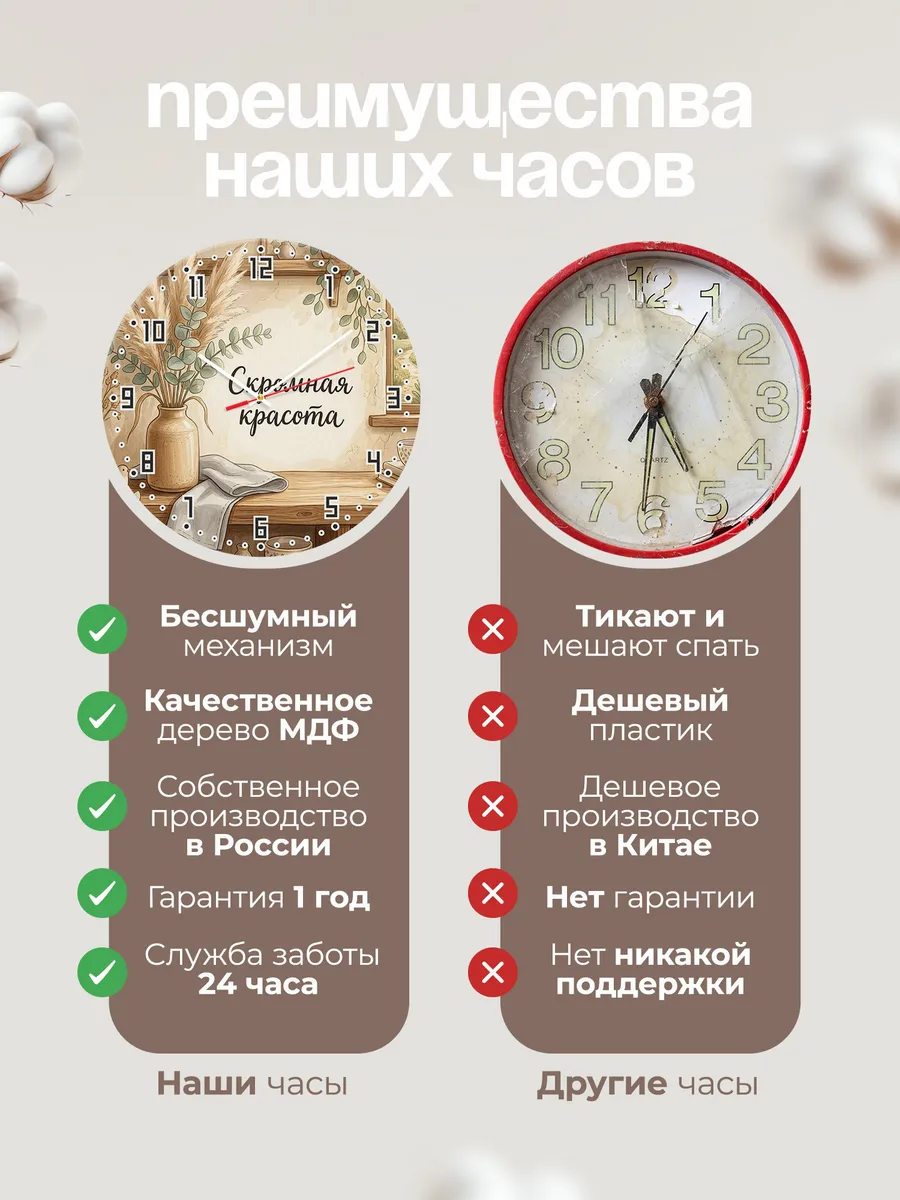 Часы настенные бесшумные Скромная красота сухоцветы 33 см — фото 10