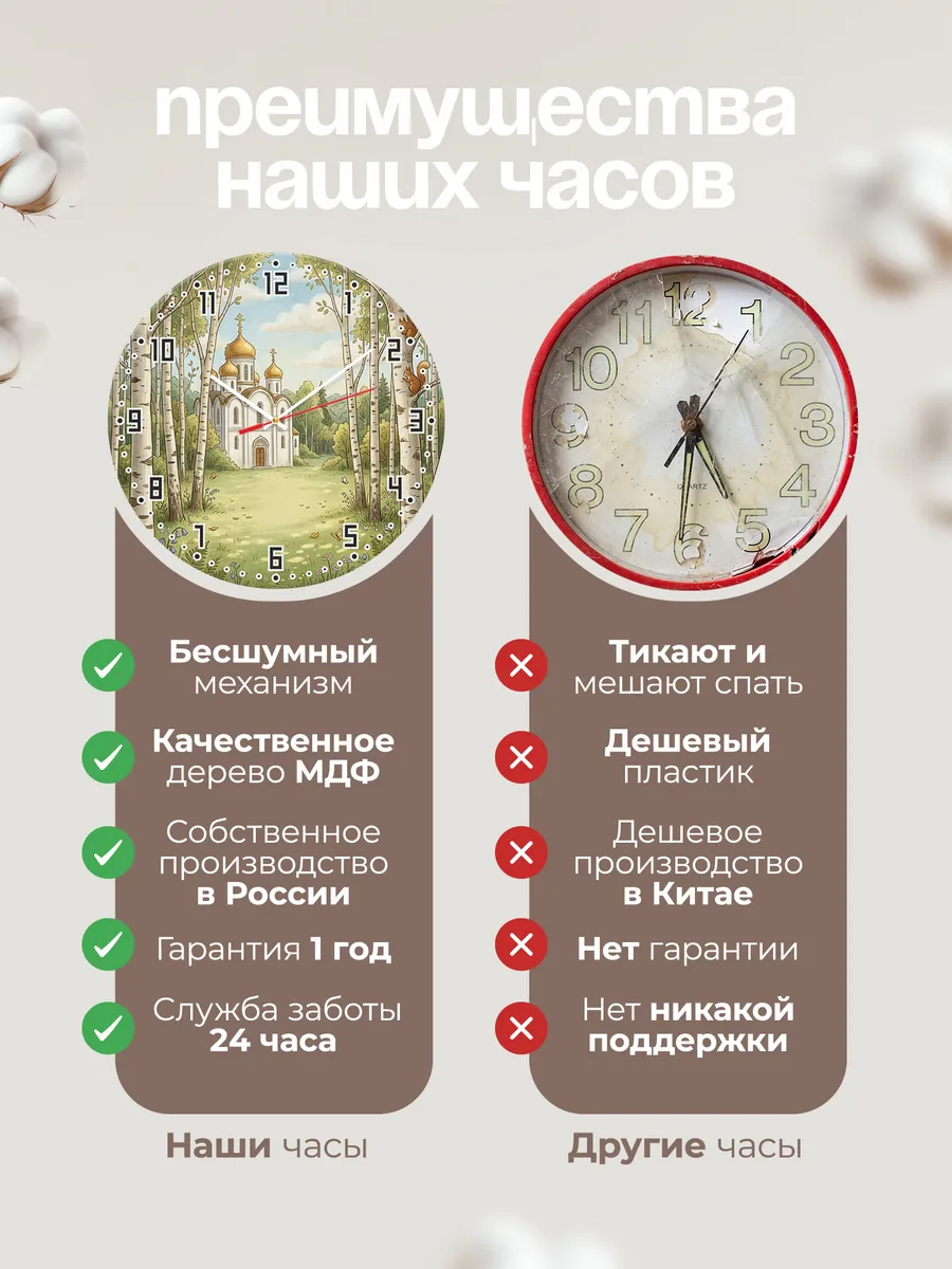 Часы настенные бесшумные Храм и берёзы 33 см — фото 10