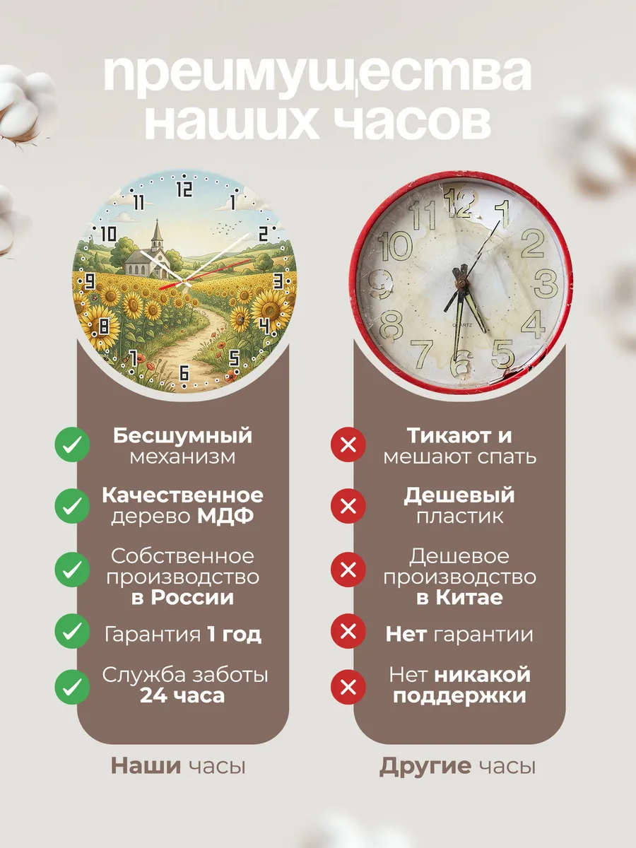 Часы настенные бесшумные Храм и подсолнухи 33 см — фото 10