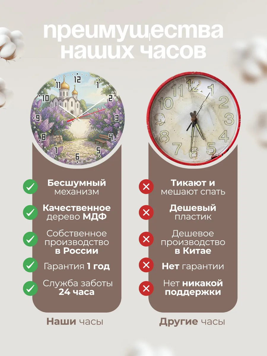 Часы настенные бесшумные Храм и сирень 33 см — фото 10