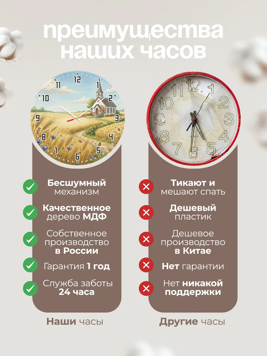 Часы настенные бесшумные Храм и ржаное поле 33 см — фото 10
