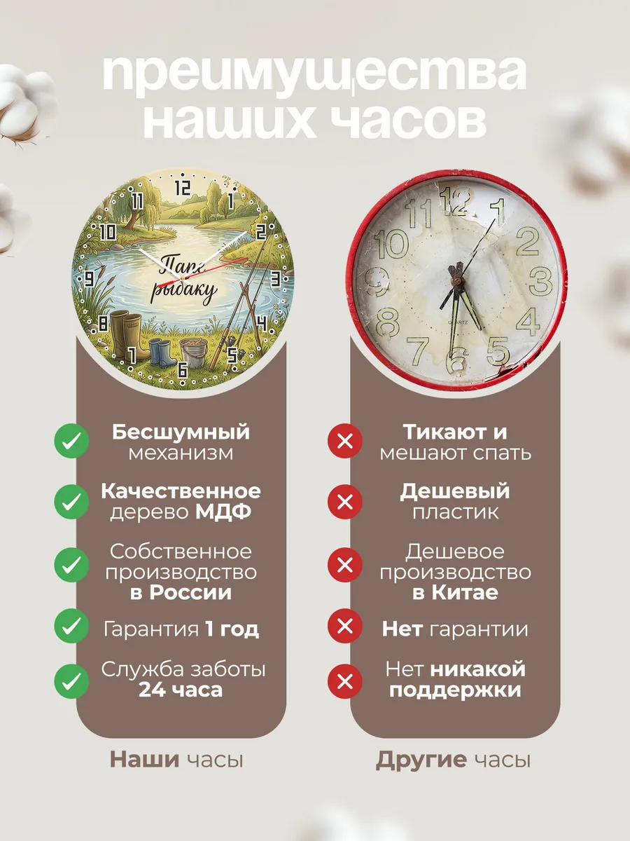 Часы настенные бесшумные Папе рыбаку два удилища 33 см — фото 10