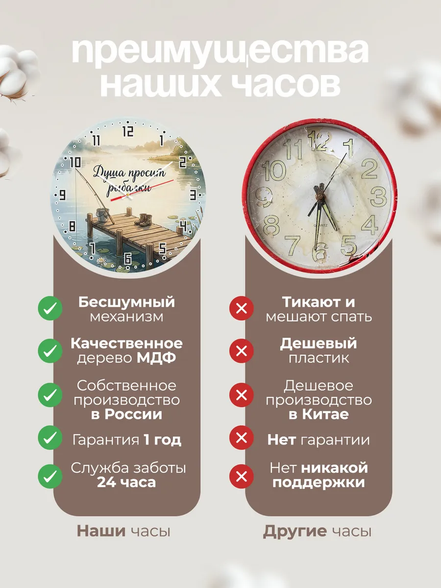 Часы настенные бесшумные Душа просит рыбалки мостки 33 см — фото 10