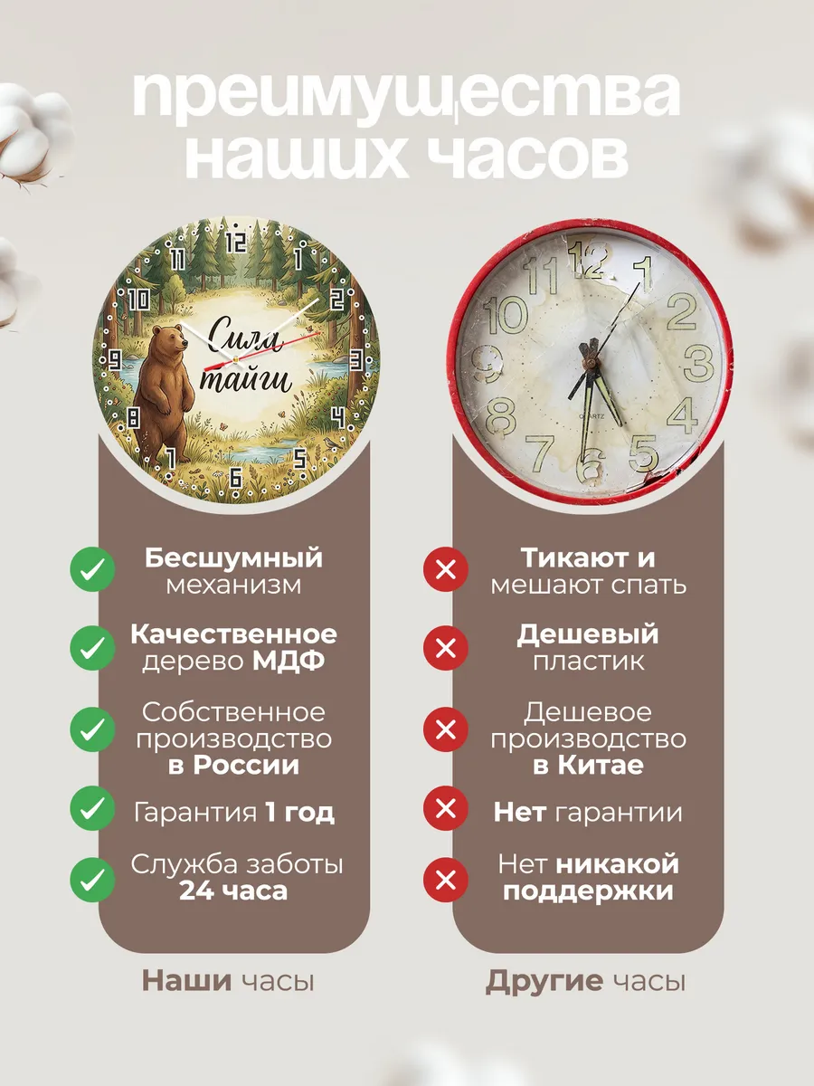 Часы настенные бесшумные Бурый медведь 33 см — фото 10