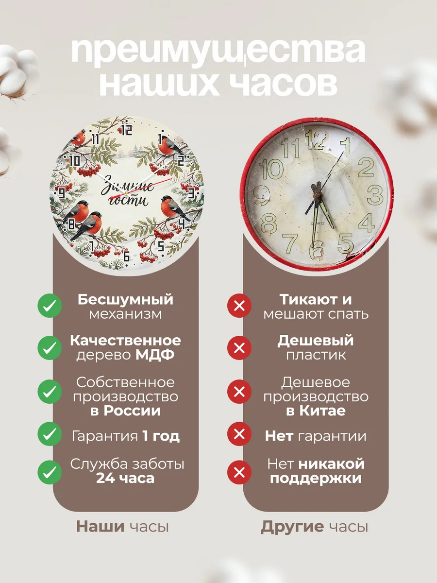 Часы настенные бесшумные Снегири на рябине 33 см — фото 10