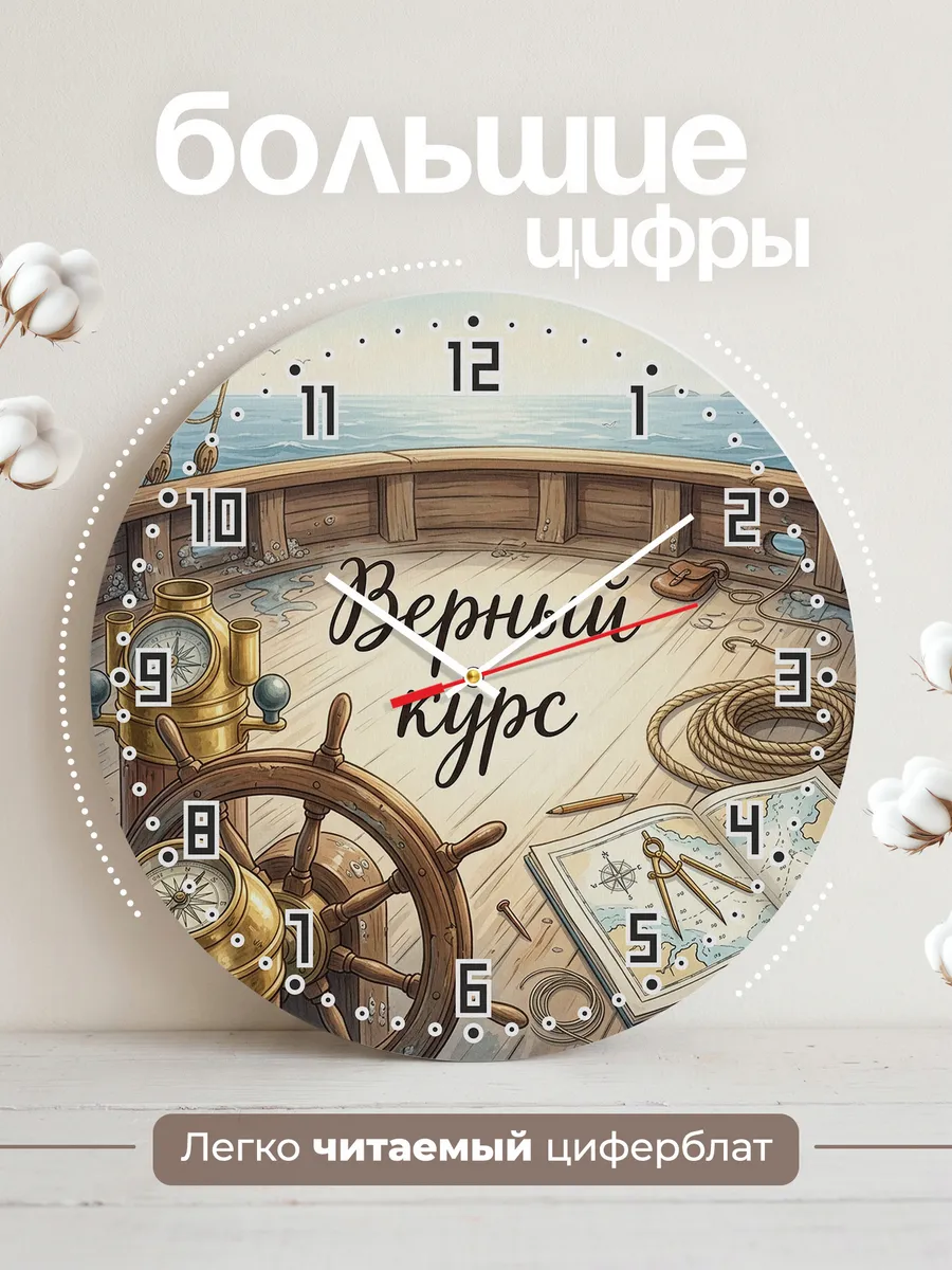 Часы настенные бесшумные Штурвал и компас 33 см — фото 2