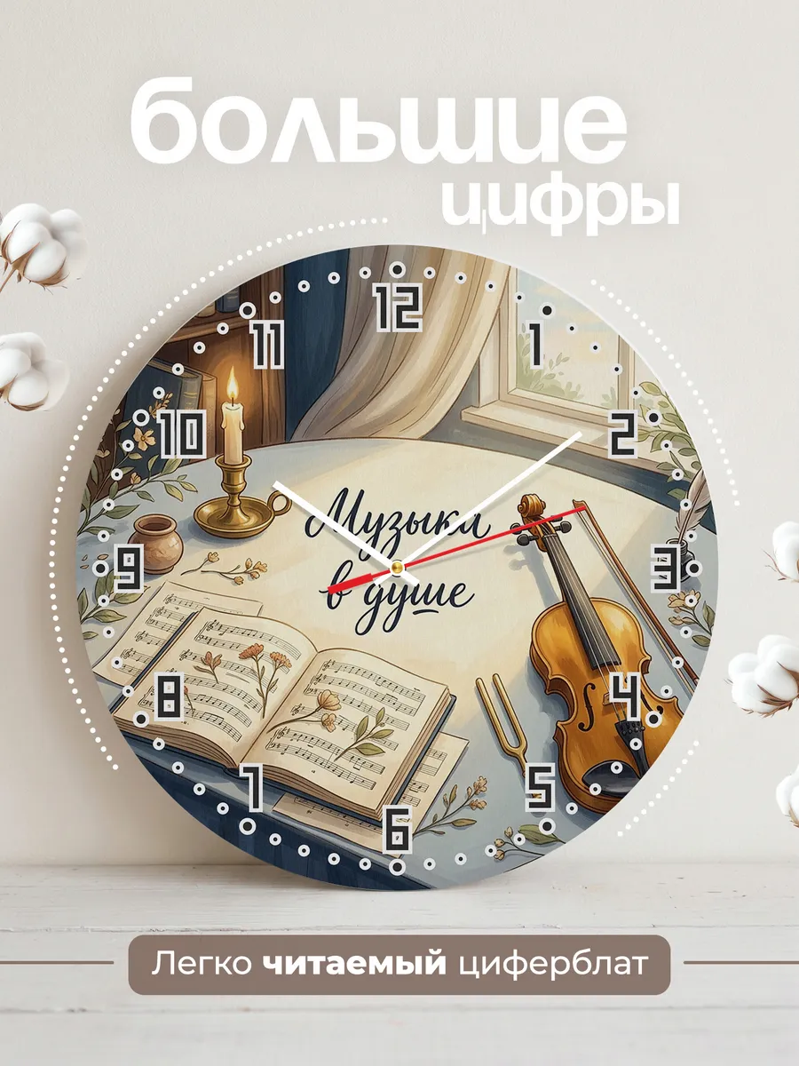 Часы настенные бесшумные Музыка в душе скрипка 33 см — фото 2
