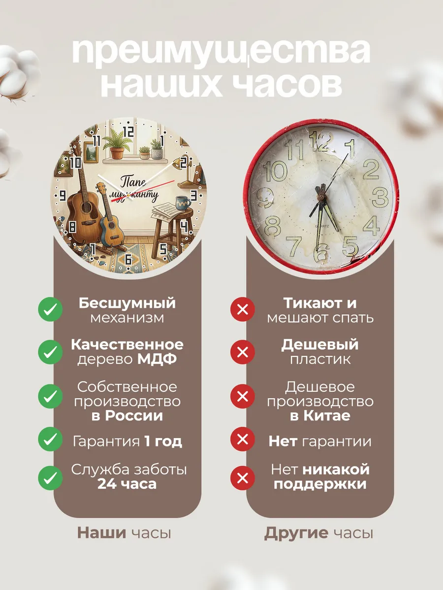 Часы настенные бесшумные Папе музыканту две гитары 33 см — фото 10