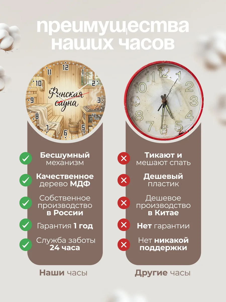 Часы настенные бесшумные Финская сауна светлая 33 см — фото 10
