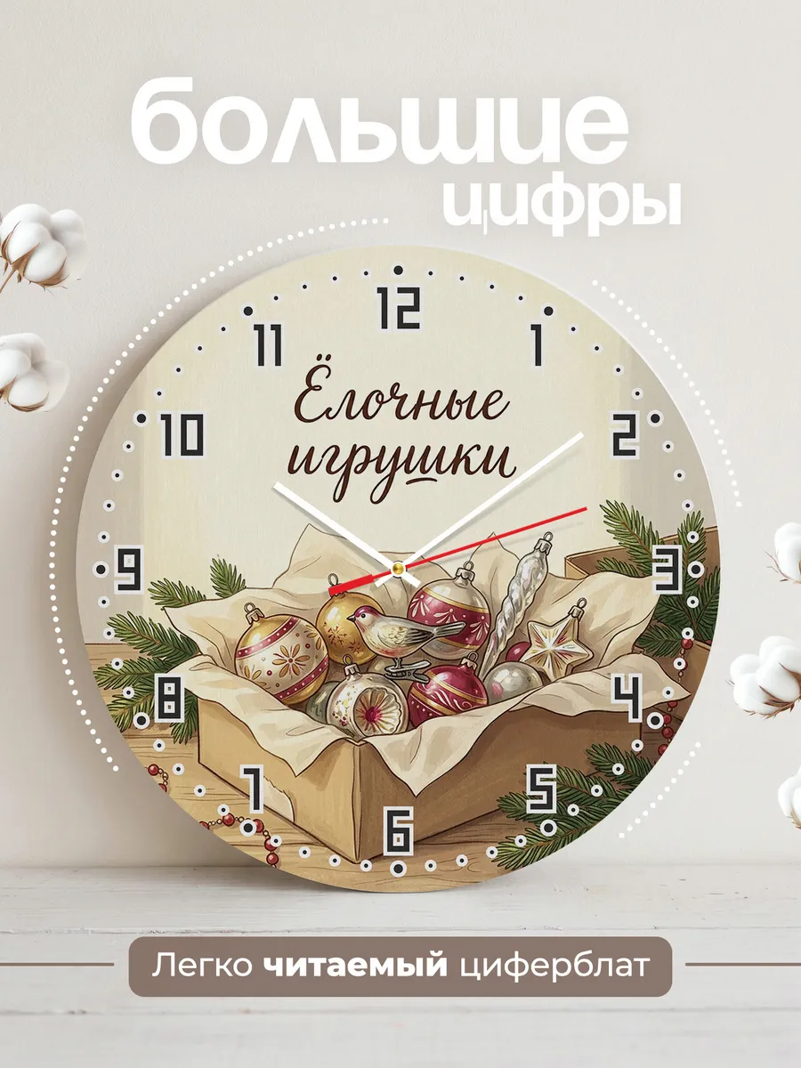 Часы настенные бесшумные Ёлочные игрушки коробка 33 см — фото 2