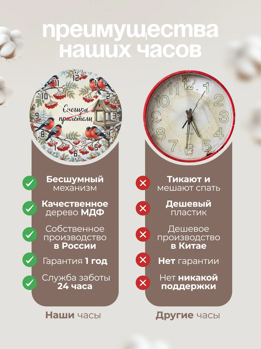 Часы настенные бесшумные Снегири прилетели рябина 33 см — фото 10