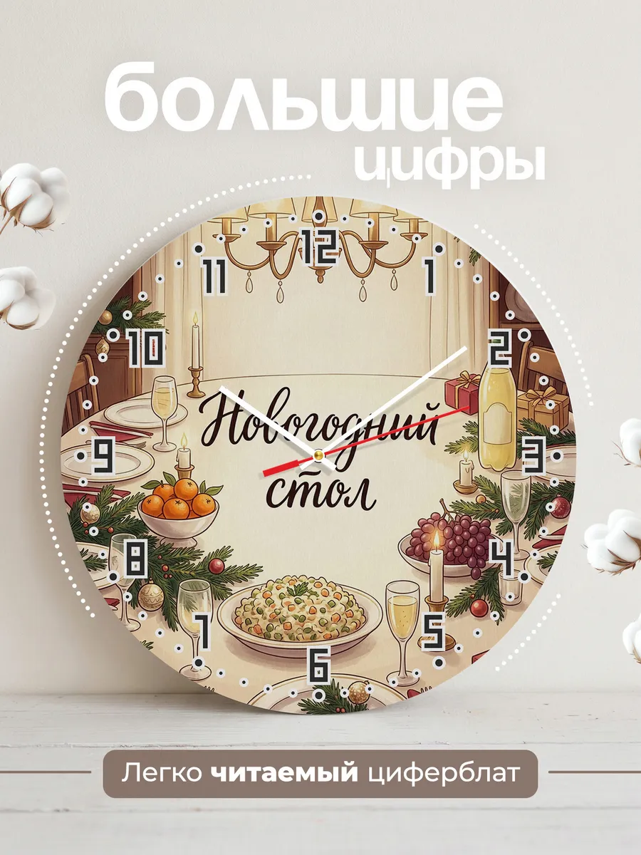 Часы настенные бесшумные Новогодний стол праздник 33 см — фото 2