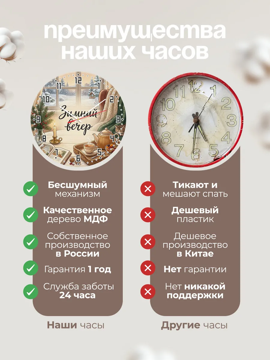Часы настенные бесшумные Зимний вечер чай книга 33 см — фото 10