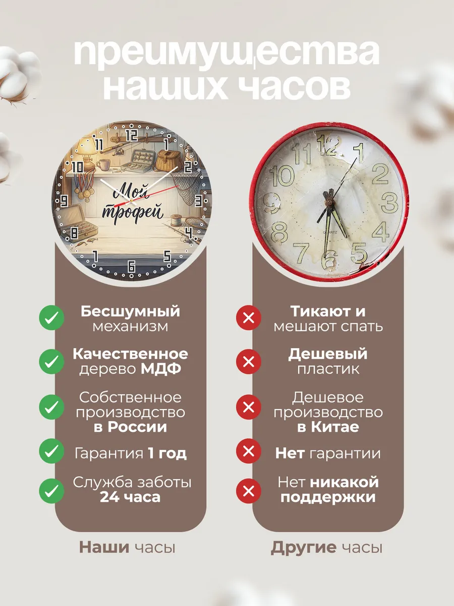 Часы настенные бесшумные Мой трофей подарок Рыбаку 33 см — фото 10
