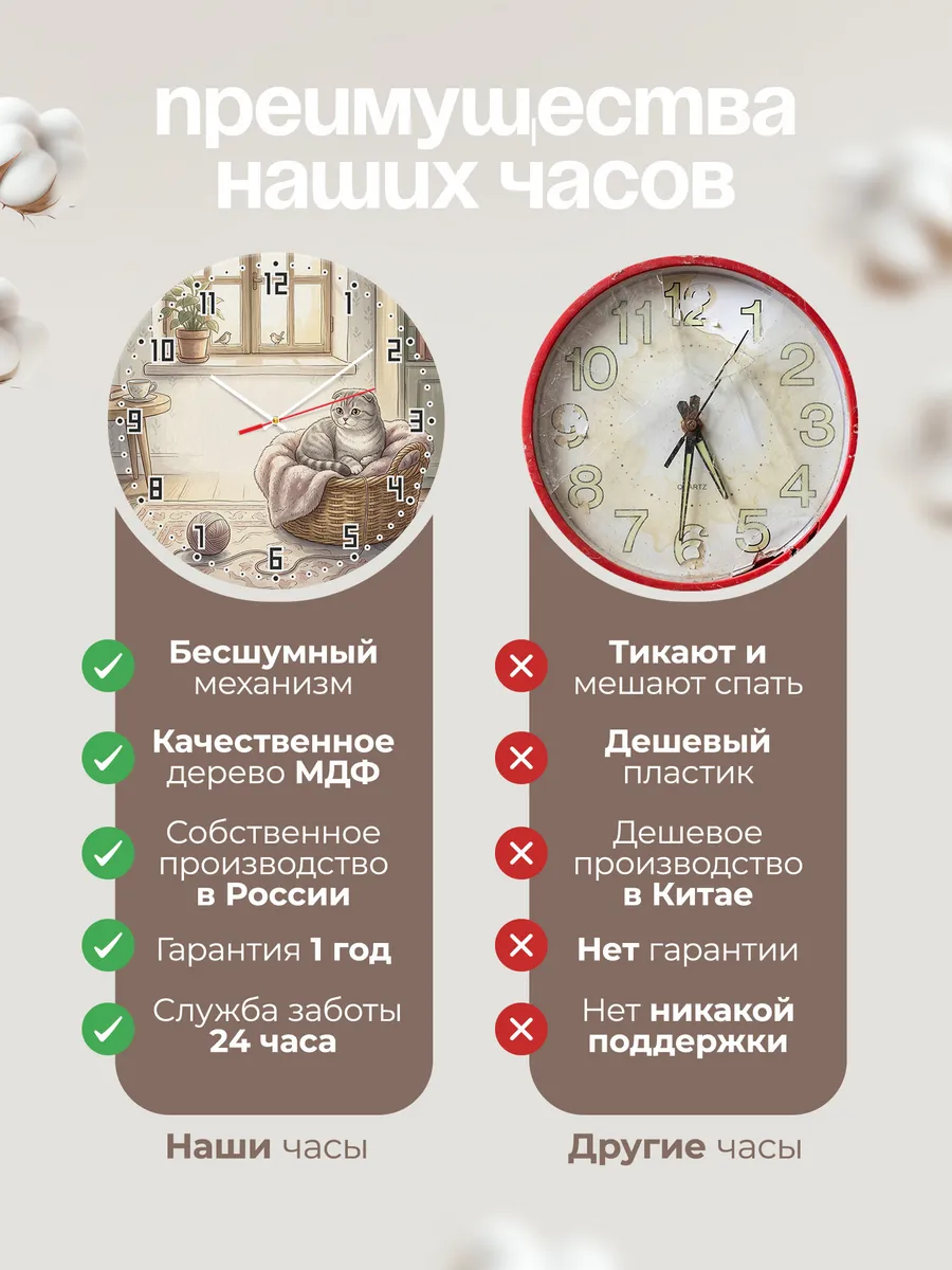Часы настенные бесшумные Вислоухая кошка подарок маме 33 см — фото 10