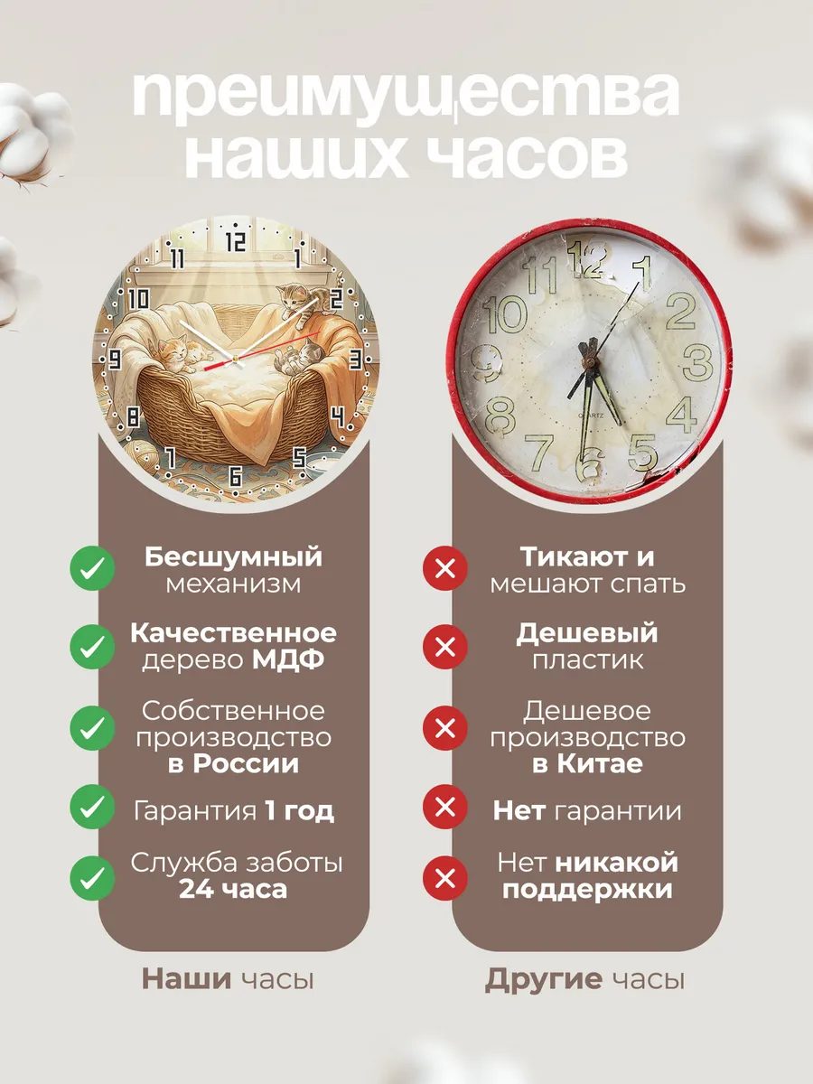 Часы настенные бесшумные Котята в корзинке в детскую 33 см — фото 10