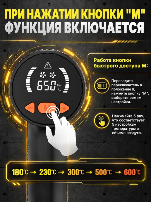 Фен строительный с кейсом дисплеем и насадками 2000Вт, 2000 Вт, фото 4