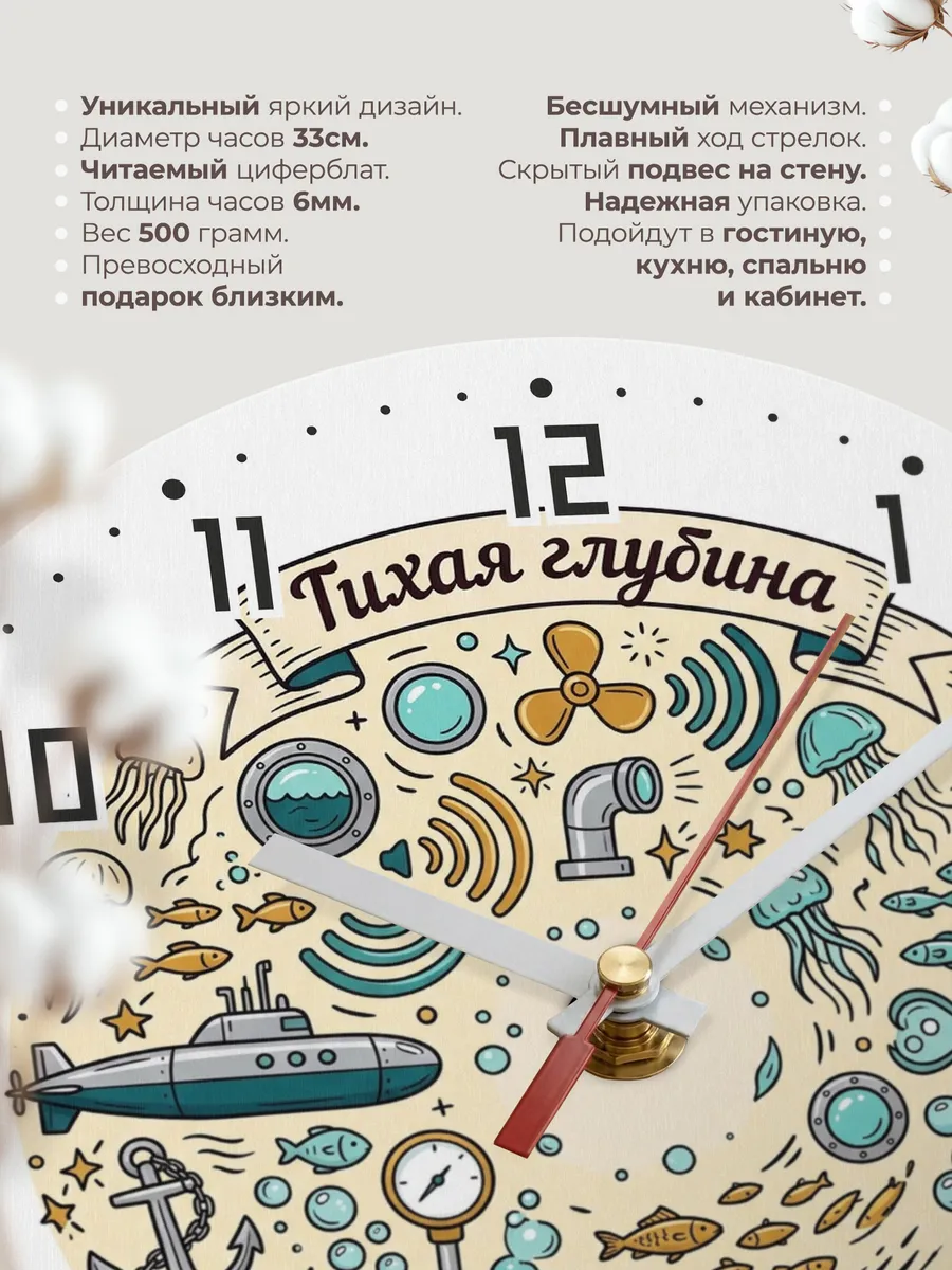 Часы настенные бесшумные Тихая глубина дудл 33 см — фото 11