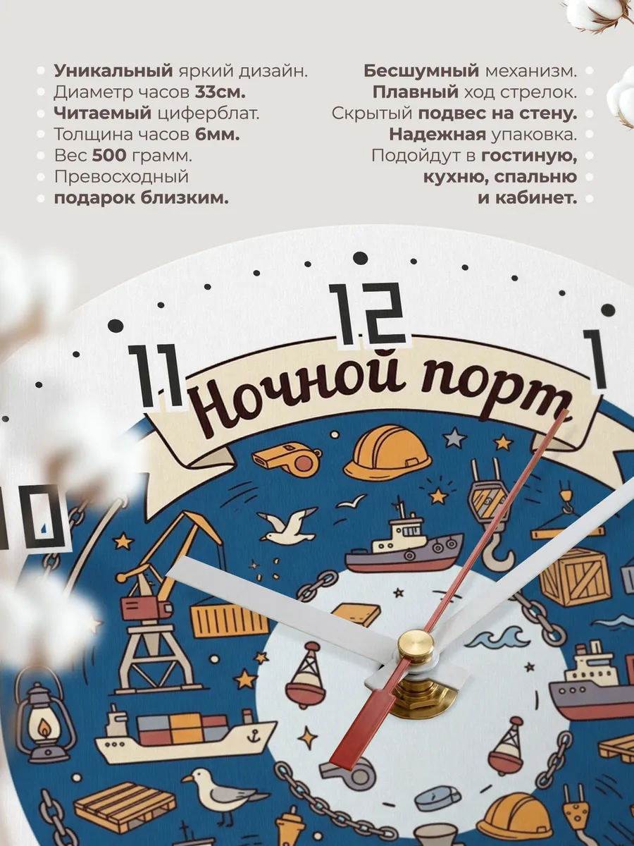 Часы настенные бесшумные Ночной порт дудл 33 см — фото 11